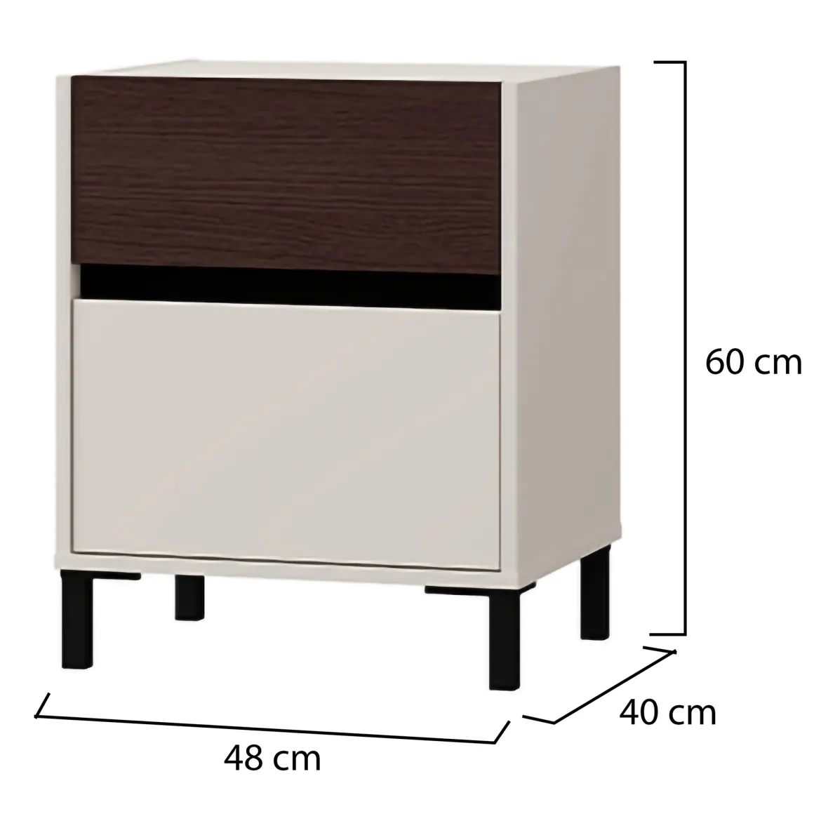Comodino Bianco Crema Marrone Noce 2 Cassetti un Ripiano 48x40x60h cm, Apertura Scorrevole - Gili