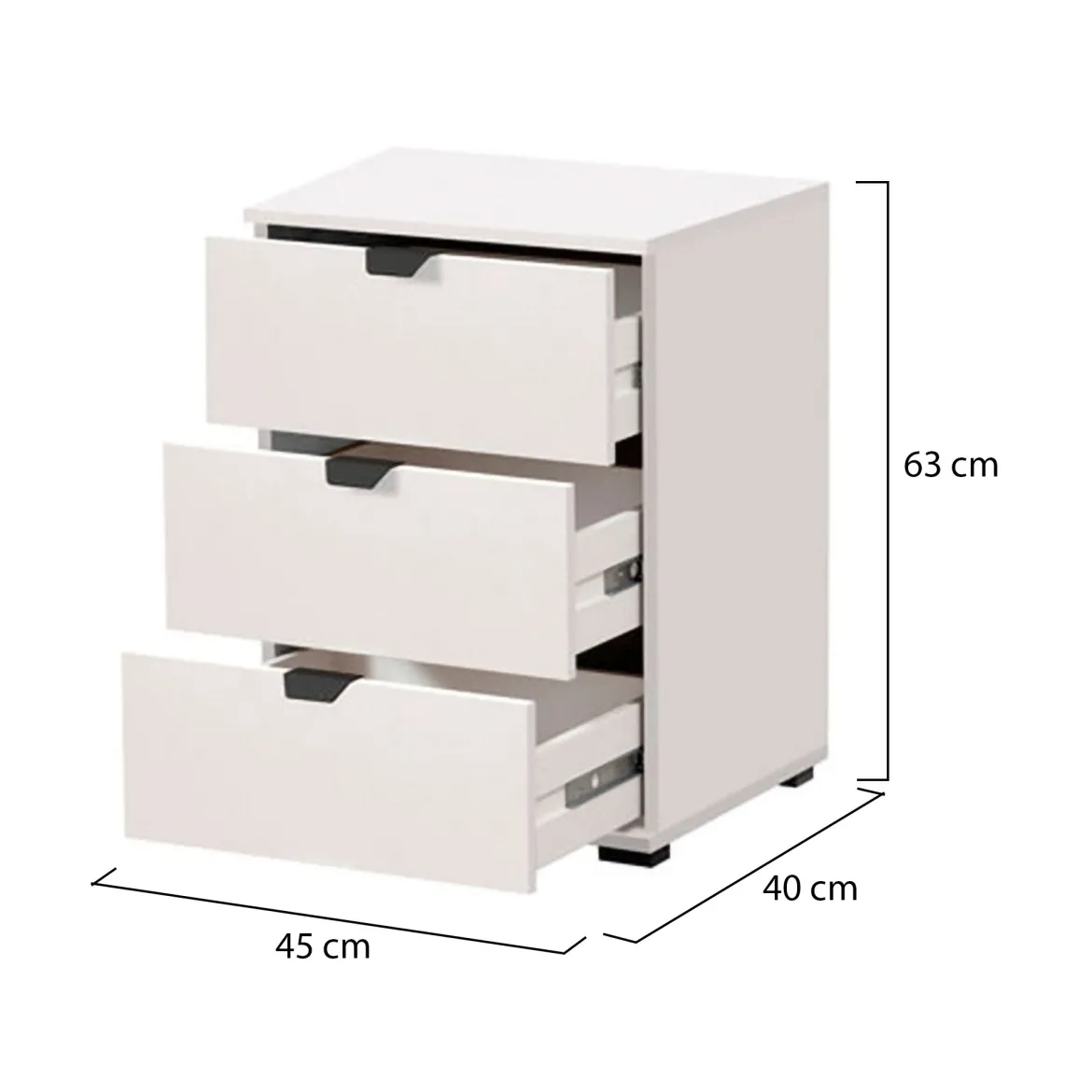 Comodino Bianco Crema Nero un Ripiano 3 Cassetti 45x40x63h cm, Apertura Scorrevole - Talana