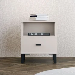Comodino Bianco Crema un Cassetto 2 Ripiani 39x35x45h cm, Apertura Scorrevole - Ghadam