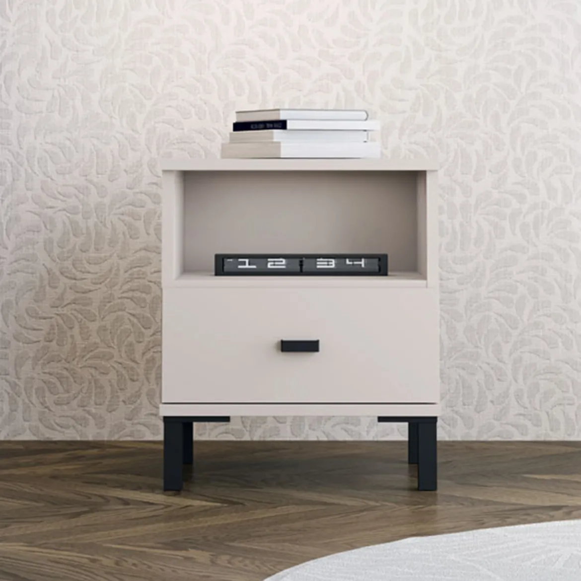 Comodino Bianco Crema un Cassetto 2 Ripiani 39x35x45h cm, Apertura Scorrevole - Ghadam