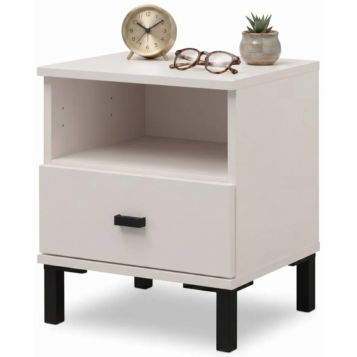Comodino Bianco Crema un Cassetto 2 Ripiani 39x35x45h cm, Apertura Scorrevole - Ghadam