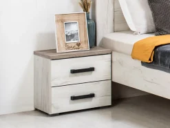 Comodino Bianco Larice Marrone Rovere Scuro 2 Cassetti un Ripiano 44.5x33.5x43h cm, Apertura Scorrevole - Roncello