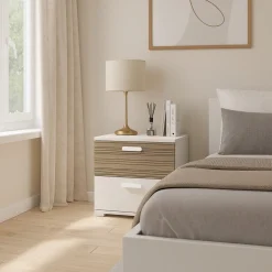 Comodino Bianco Marrone Rovere 2 Cassetti un Ripiano 50x40x45h cm, Apertura Scorrevole - Petri