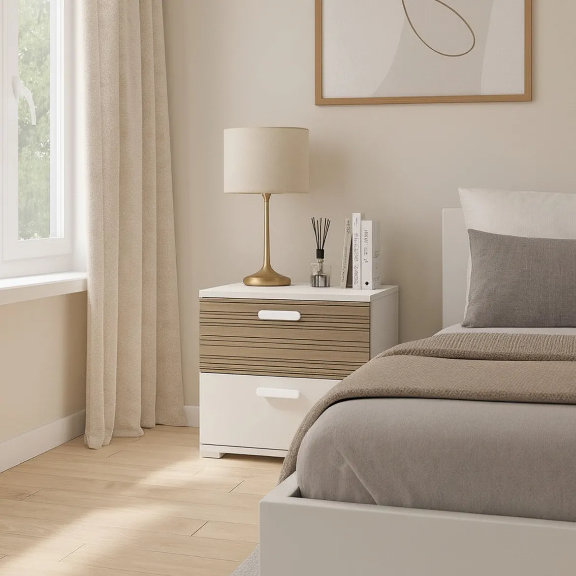 Comodino Bianco Marrone Rovere 2 Cassetti un Ripiano 50x40x45h cm, Apertura Scorrevole - Petri