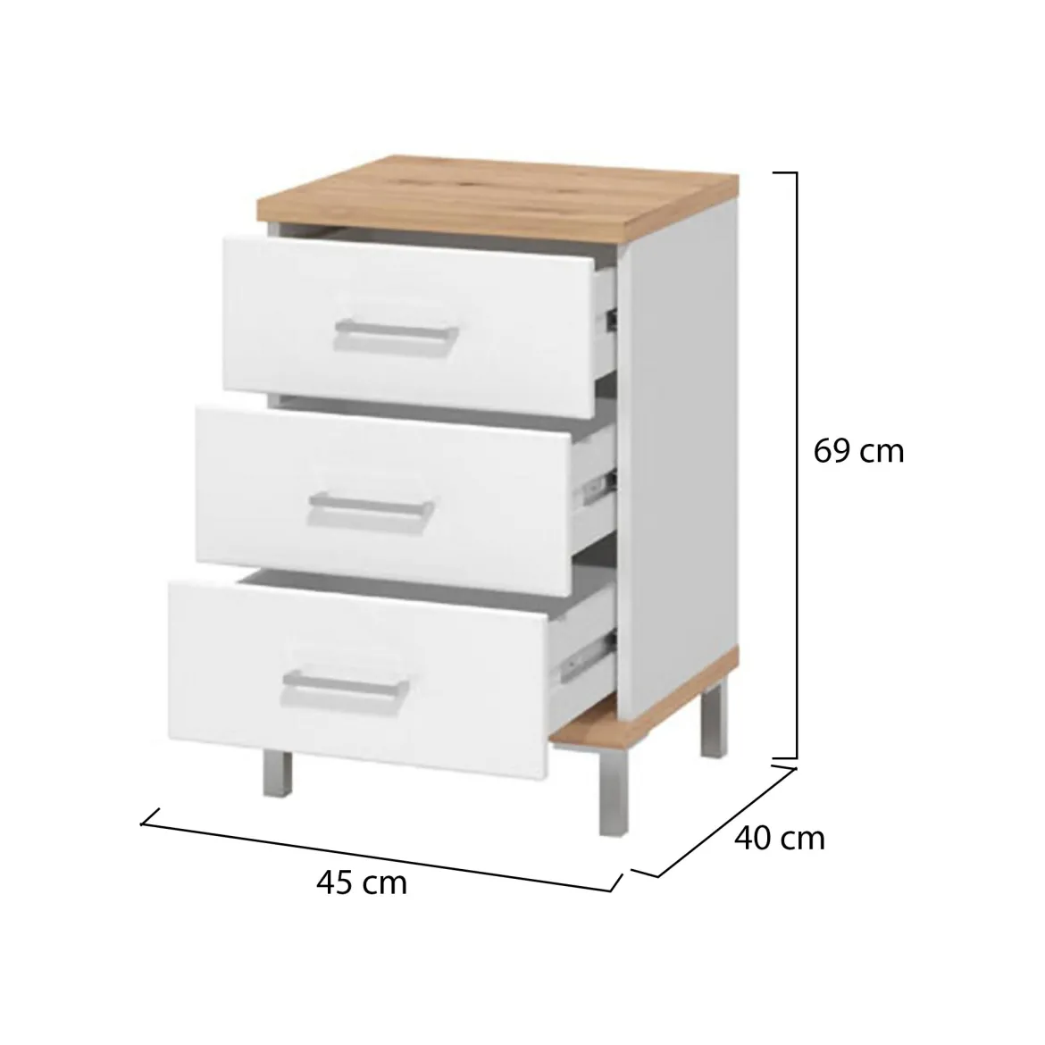 Comodino Bianco Marrone Rovere 3 Cassetti un Ripiano 45x40x69h cm, Apertura Scorrevole - Savino