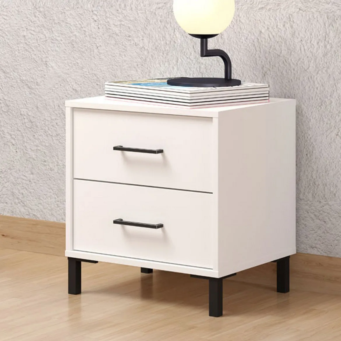 Comodino Bianco Nero un Ripiano 2 Cassetti 48x40x55h cm, Apertura Scorrevole - Combatte