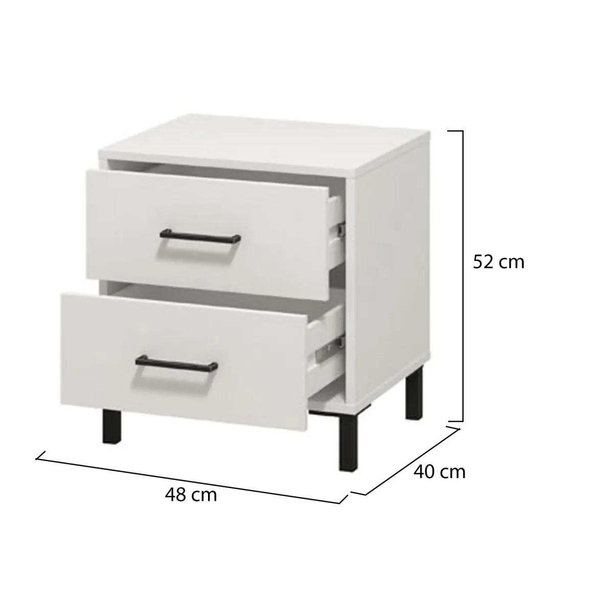 Comodino Bianco Nero un Ripiano 2 Cassetti 48x40x55h cm, Apertura Scorrevole - Combatte