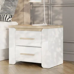 Comodino Bianco Opaco Marrone Rovere 2 Cassetti un Ripiano 58x40x50h cm, Apertura Scorrevole - Yamba