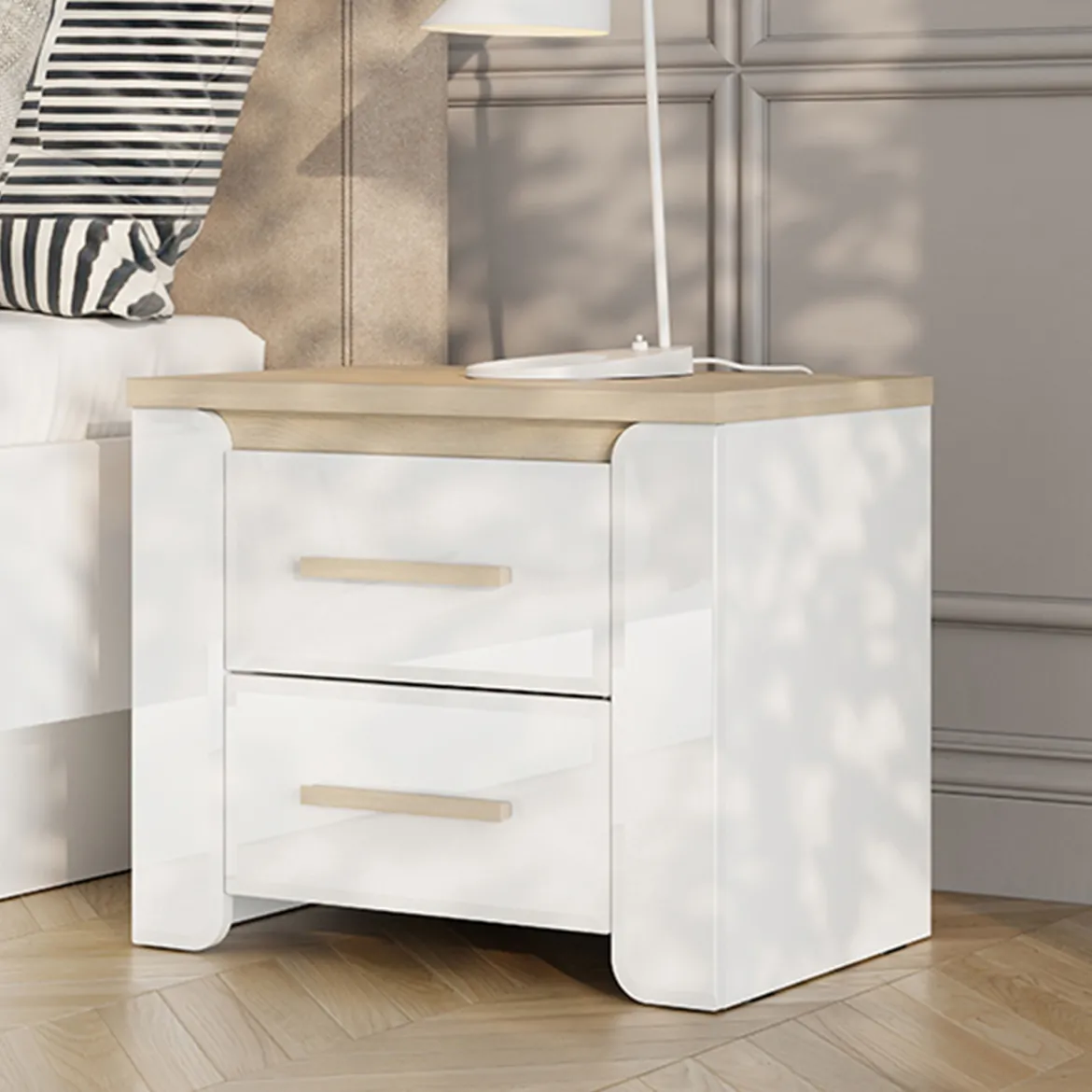 Comodino Bianco Opaco Marrone Rovere 2 Cassetti un Ripiano 58x40x50h cm, Apertura Scorrevole - Yamba
