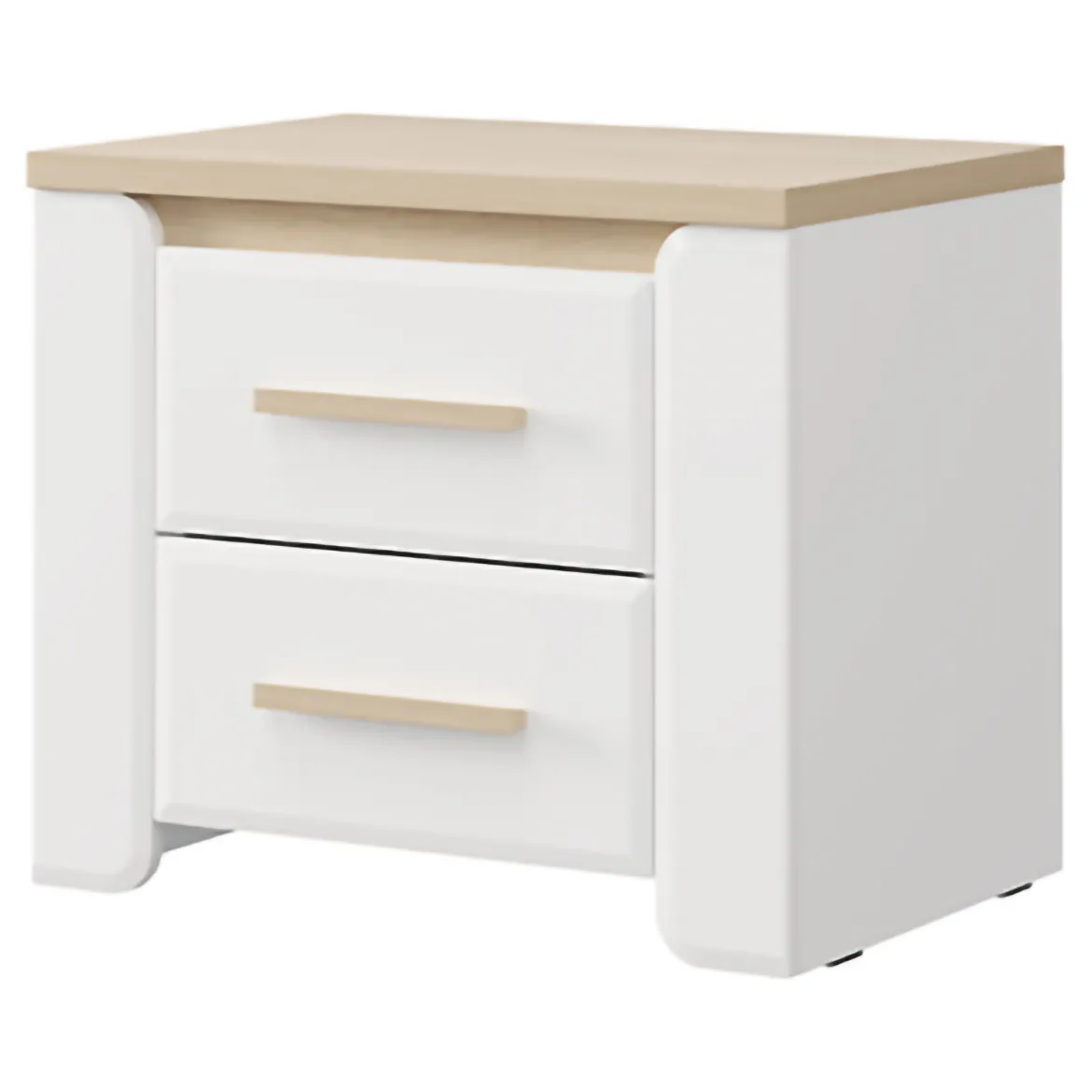Comodino Bianco Opaco Marrone Rovere 2 Cassetti un Ripiano 58x40x50h cm, Apertura Scorrevole - Yamba