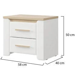 Comodino Bianco Opaco Marrone Rovere 2 Cassetti un Ripiano 58x40x50h cm, Apertura Scorrevole - Yamba