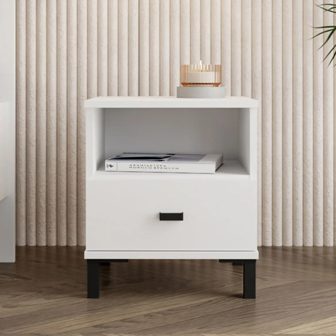 Comodino Bianco Opaco un Cassetto 2 Ripiani 39x35x45h cm, Apertura Scorrevole - Jinja