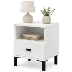 Comodino Bianco Opaco un Cassetto 2 Ripiani 39x35x45h cm, Apertura Scorrevole - Ghadam