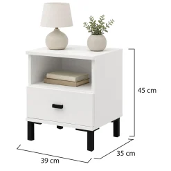 Comodino Bianco Opaco un Cassetto 2 Ripiani 39x35x45h cm, Apertura Scorrevole - Jinja