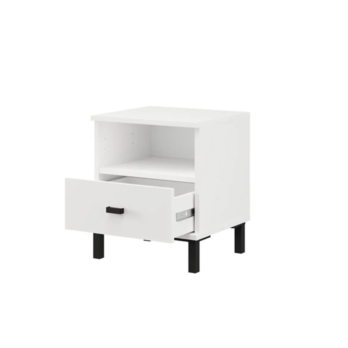 Comodino Bianco Opaco un Cassetto 2 Ripiani 39x35x45h cm, Apertura Scorrevole - Jinja