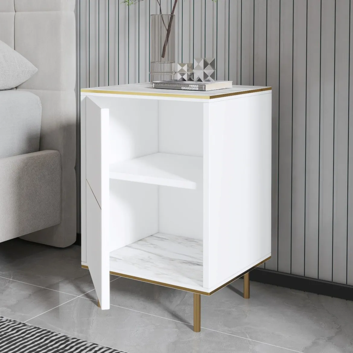 Comodino Bianco oro un Ripiano Apertura Battente 40x35x60h cm, Un'anta - Vestone