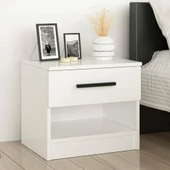 Comodino Bianco 2 Ripiani un Cassetto 50x40x47h cm, Apertura Scorrevole - Igme
