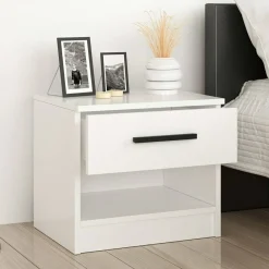 Comodino Bianco 2 Ripiani un Cassetto 50x40x47h cm, Apertura Scorrevole - Igme
