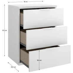 Comodino Bianco un Ripiano 3 Cassetti 34x42x57h cm, Apertura Scorrevole - Blythe