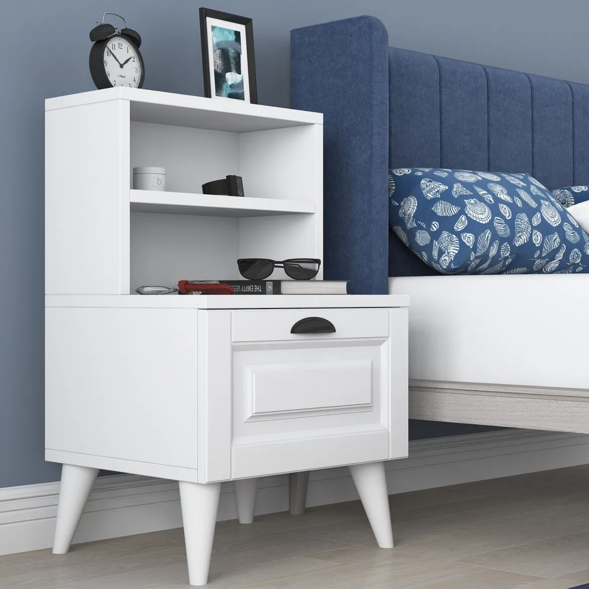 Comodino Bianco un Ripiano un Cassetto 45x40x74h cm, Apertura Scorrevole - Offagna