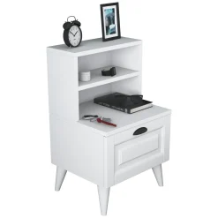 Comodino Bianco un Ripiano un Cassetto 45x40x74h cm, Apertura Scorrevole - Offagna