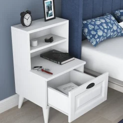 Comodino Bianco un Ripiano un Cassetto 45x40x74h cm, Apertura Scorrevole - Offagna