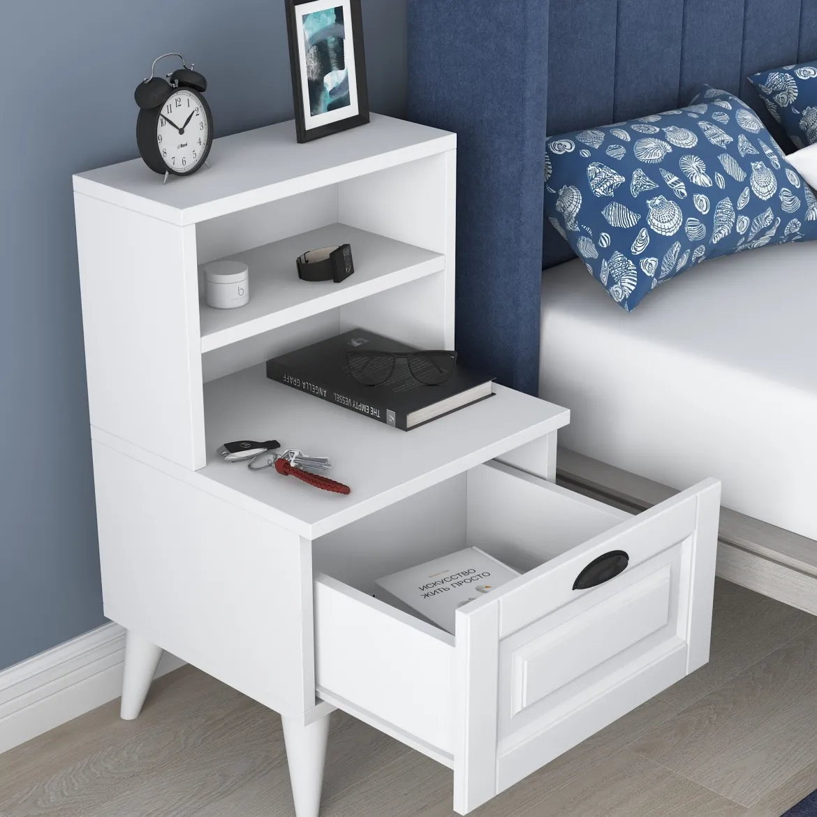 Comodino Bianco un Ripiano un Cassetto 45x40x74h cm, Apertura Scorrevole - Offagna