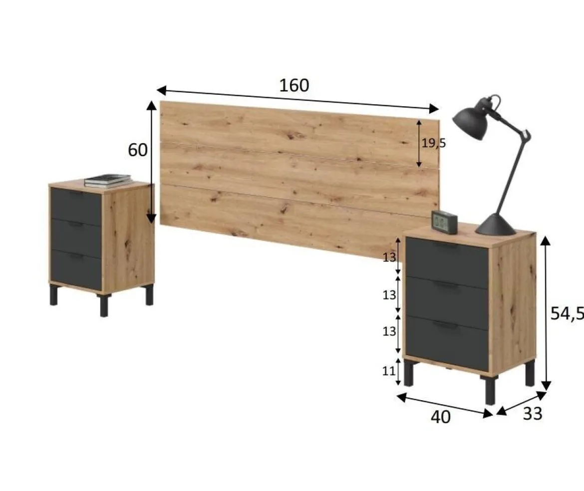 Comodino 3 cassetti legno e antracite 160x40x60h cm - Allan