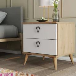Comodino 2 cassetti quercia e bianco 52x45x55h cm - Pilar