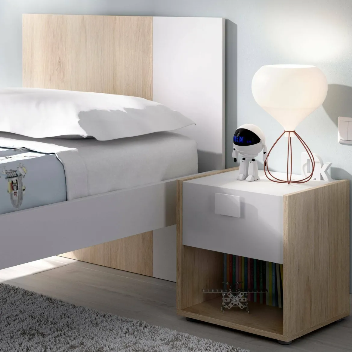 Comodino 1 cassetto bianco e rovere 40x33x42h cm - Artica