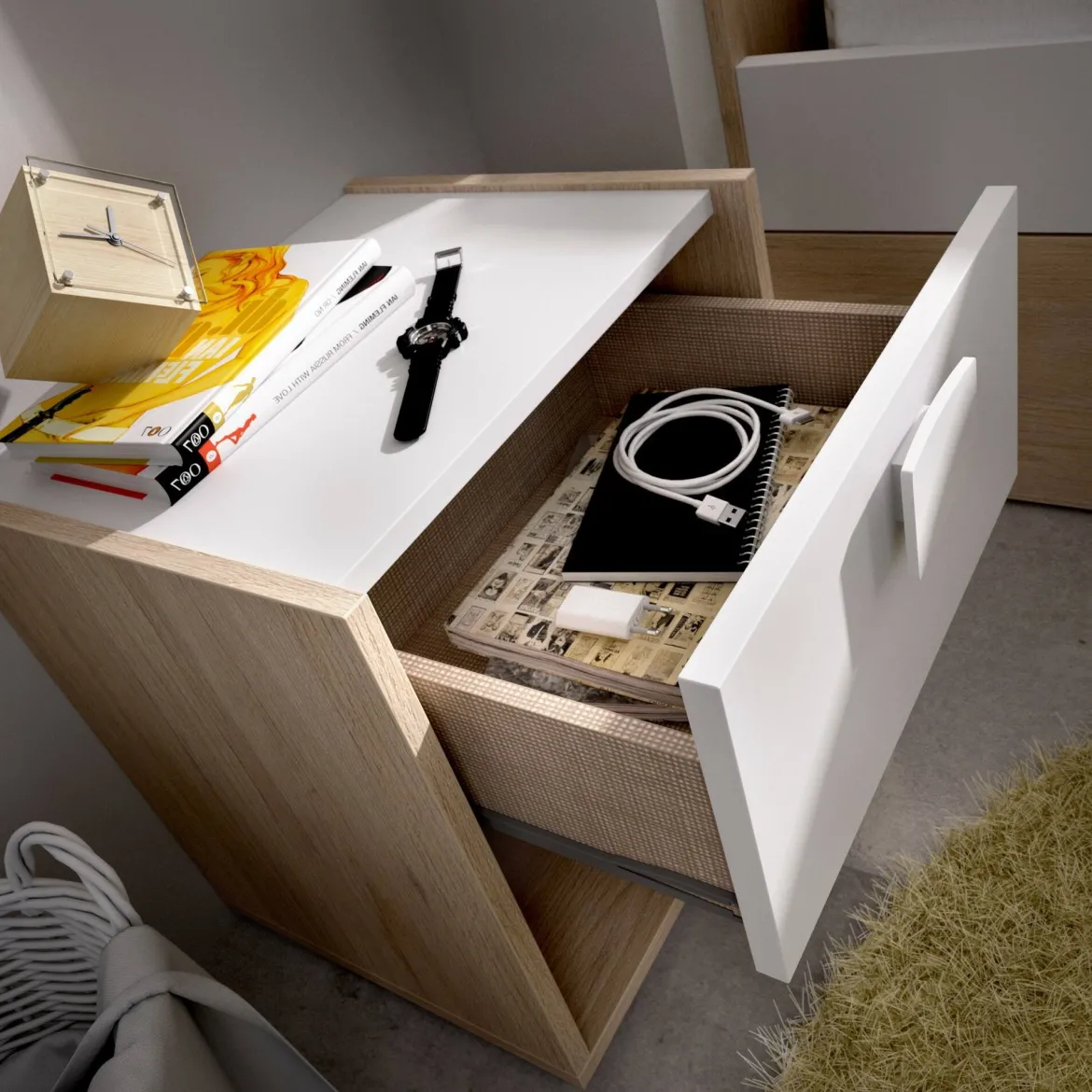 Comodino 1 cassetto bianco e rovere 40x33x42h cm - Artica