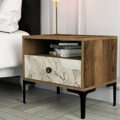 Comodino 1 cassetto noce e bianco marmo 56x40x50h cm - Editta