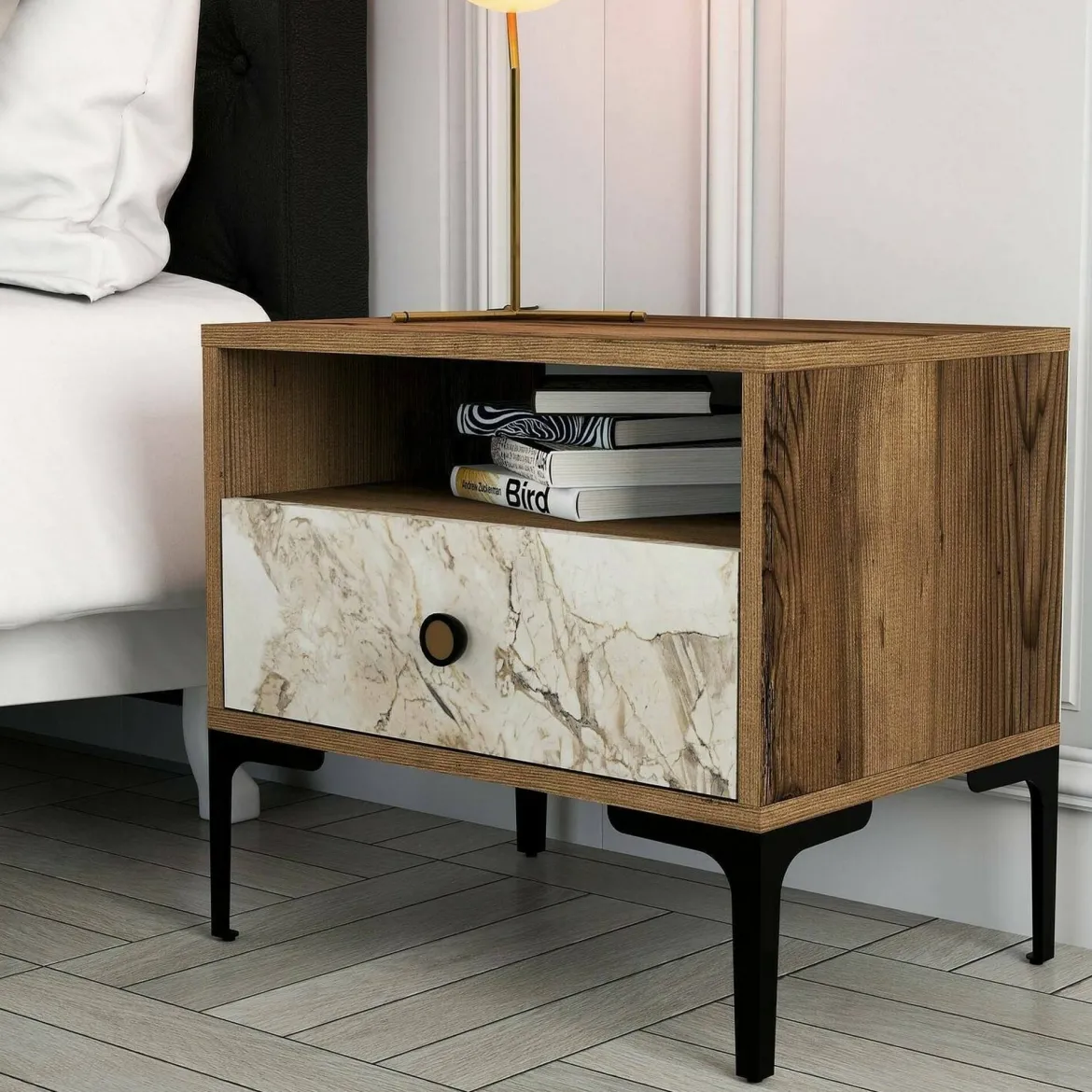 Comodino 1 cassetto noce e bianco marmo 56x40x50h cm - Editta