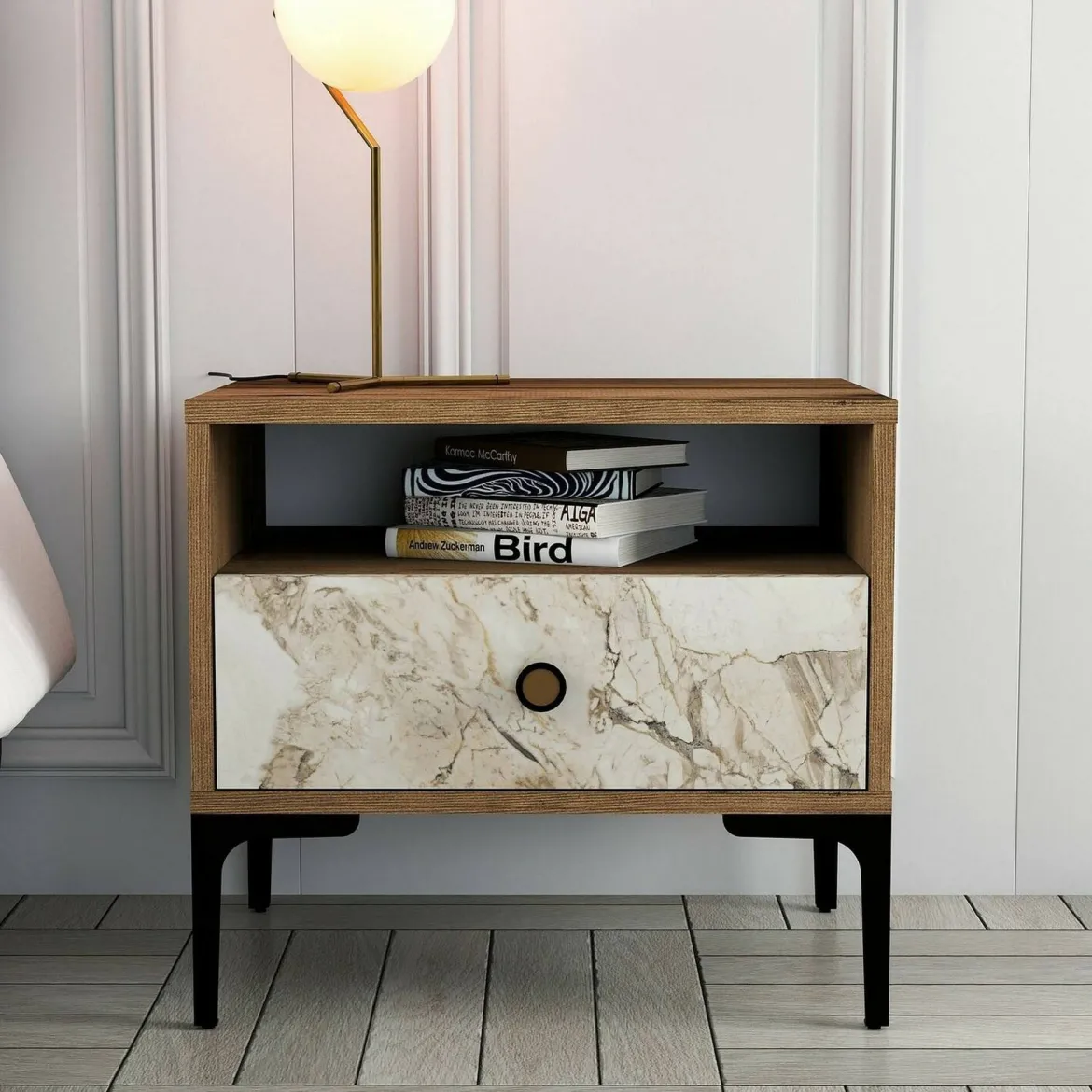 Comodino 1 cassetto noce e bianco marmo 56x40x50h cm - Editta