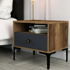 Comodino in legno e metallo noce e antracite 56x40x50h cm - Editta