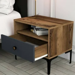 Comodino in legno e metallo noce e antracite 56x40x50h cm - Editta