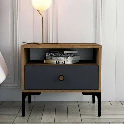 Comodino in legno e metallo noce e antracite 56x40x50h cm - Editta