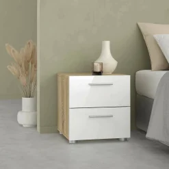 Comodino in legno quercia e bianco lucido 40x40x42h cm - Apolla