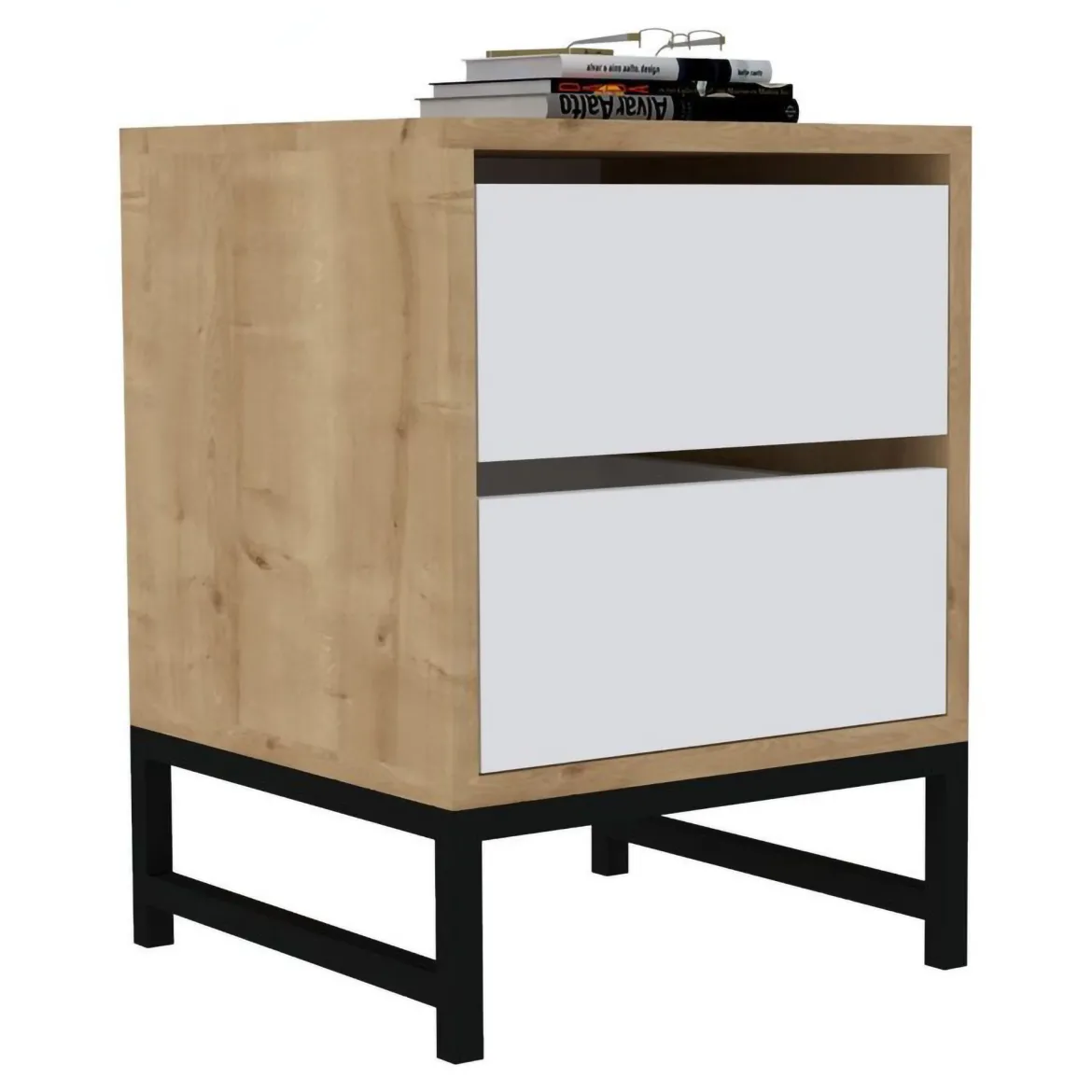 Comodino Marrone Rovere Bianco Opaco un Cassetto 2 Ripiani 52x35x47h cm, Apertura Scorrevole - Varkal