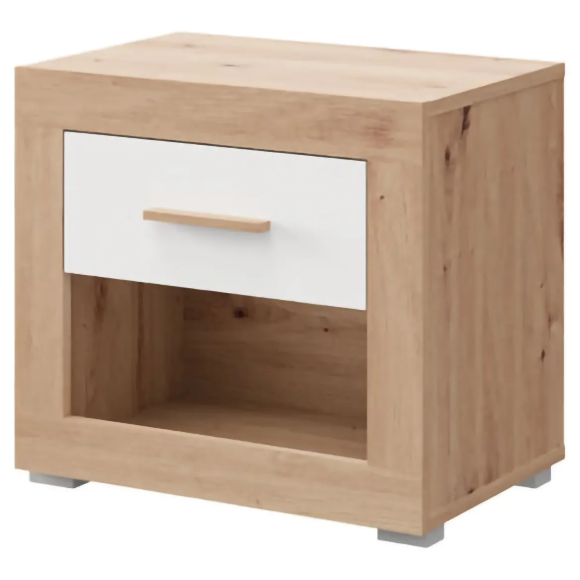 Comodino Marrone Rovere Bianco Opaco un Cassetto 2 Ripiani 52x35x47h cm, Apertura Scorrevole - Varkal