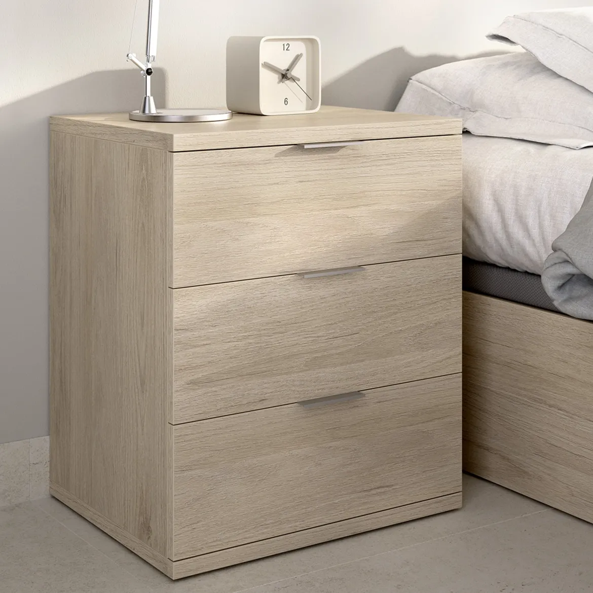 Comodino Marrone Rovere Grigio 3 Cassetti un Ripiano 34x42x57h cm, Piedini abs Antirumore e Antigraffio - Blythe