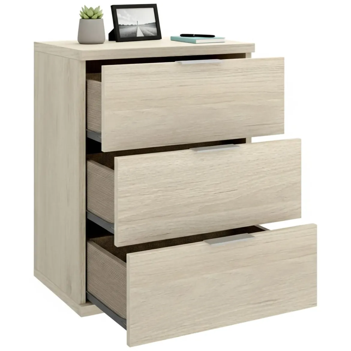Comodino Marrone Rovere Grigio 3 Cassetti un Ripiano 34x42x57h cm, Piedini abs Antirumore e Antigraffio - Blythe