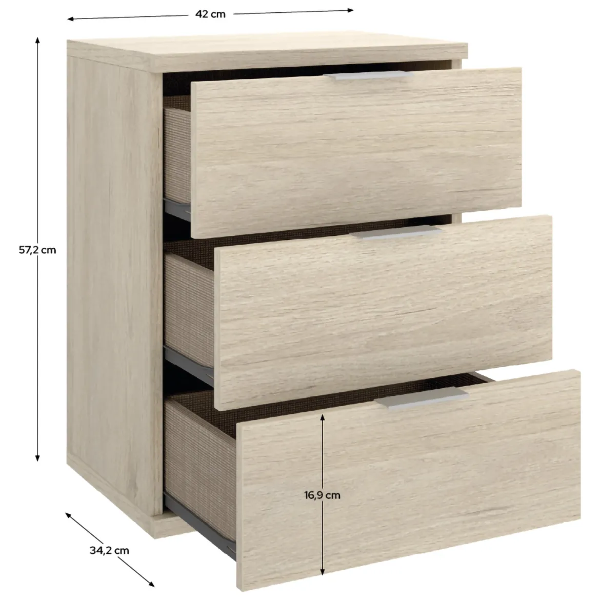 Comodino Marrone Rovere Grigio 3 Cassetti un Ripiano 34x42x57h cm, Piedini abs Antirumore e Antigraffio - Blythe