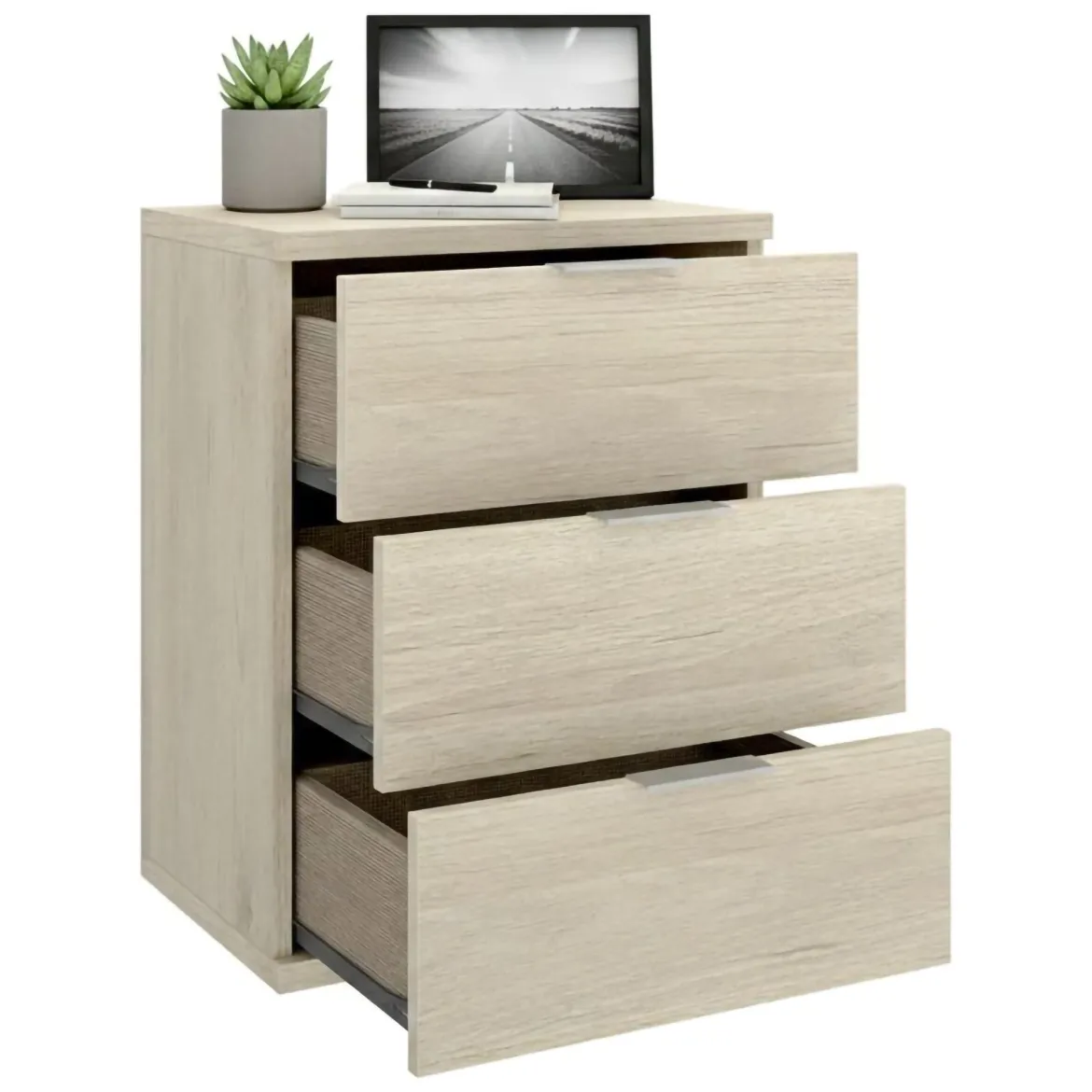 Comodino Marrone Rovere Grigio Nero 3 Cassetti un Ripiano 45x40x63h cm, Apertura Scorrevole - Talana