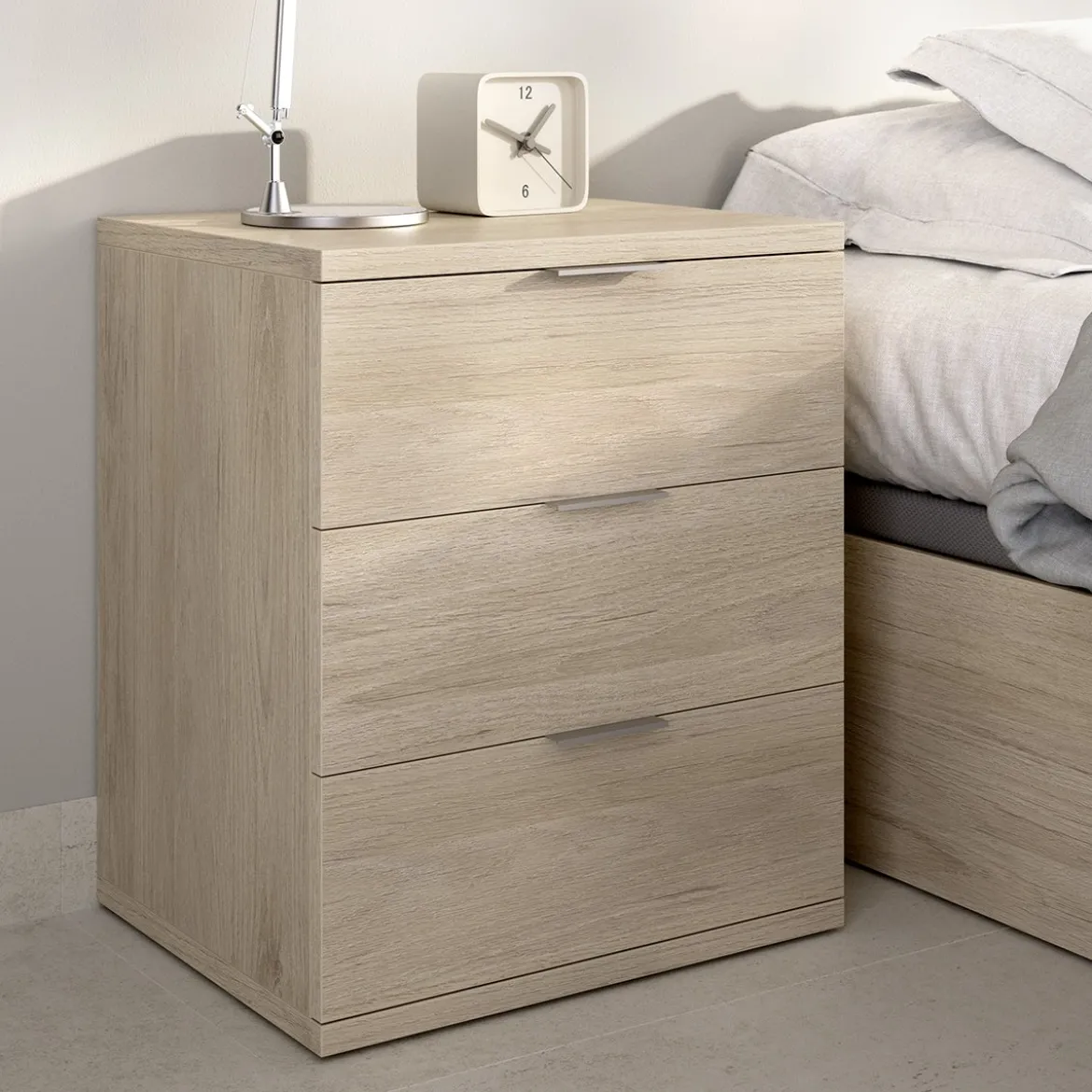 Comodino Marrone Rovere Grigio Nero 3 Cassetti un Ripiano 45x40x63h cm, Apertura Scorrevole - Talana