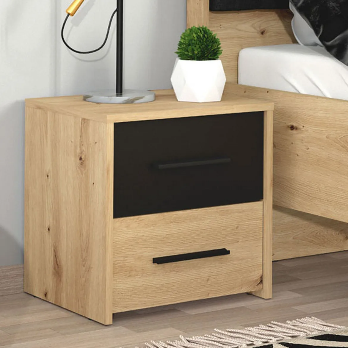 Comodino Marrone Rovere Nodi Nero 2 Cassetti un Ripiano 44.5x33.5x43h cm, Apertura Scorrevole - Uzzano