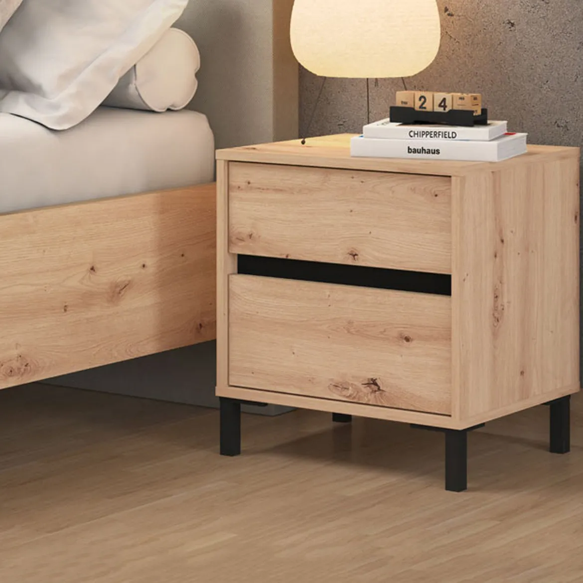 Comodino Marrone Rovere Nodi Nero 3 Cassetti un Ripiano 45x40x63h cm, Apertura Scorrevole - Talana