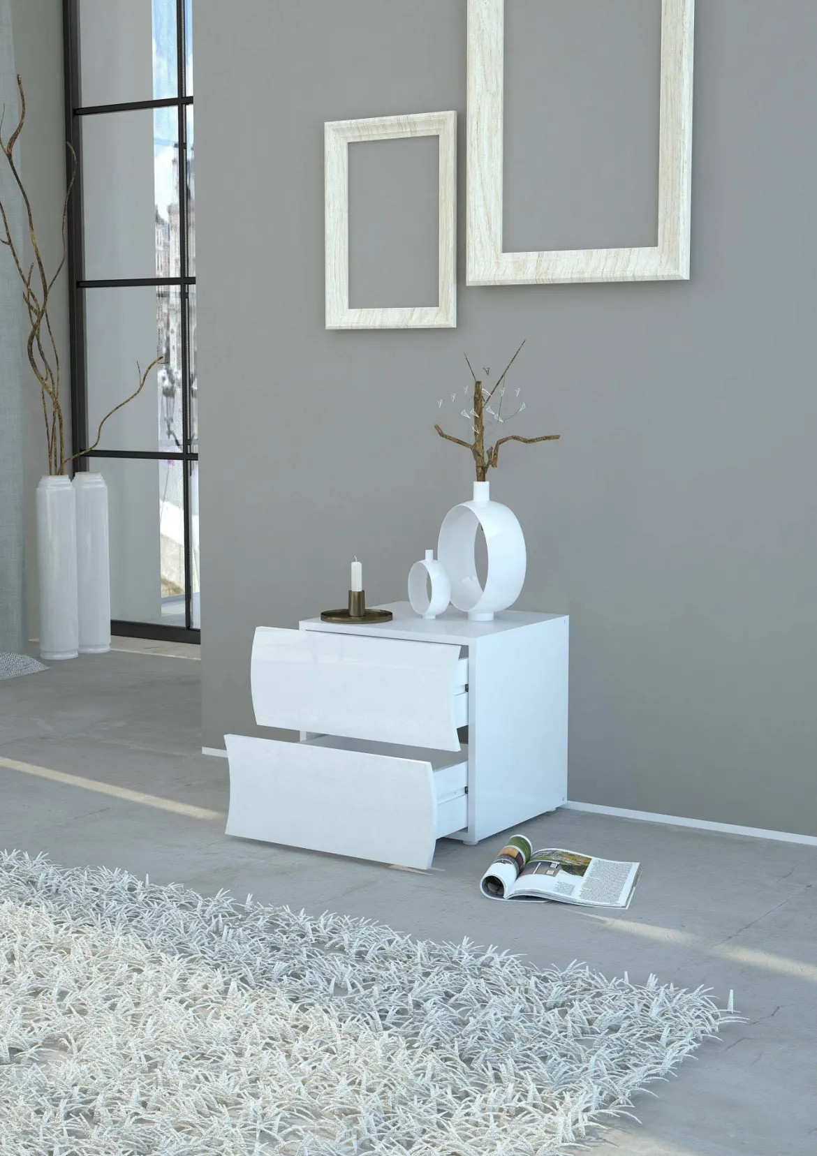 Comodino moderno bianco lucido 50x40x41h cm - Thanatos