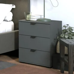Comodino Nero Antracite Nero 3 Cassetti un Ripiano 45x40x63h cm, Apertura Scorrevole - Talana