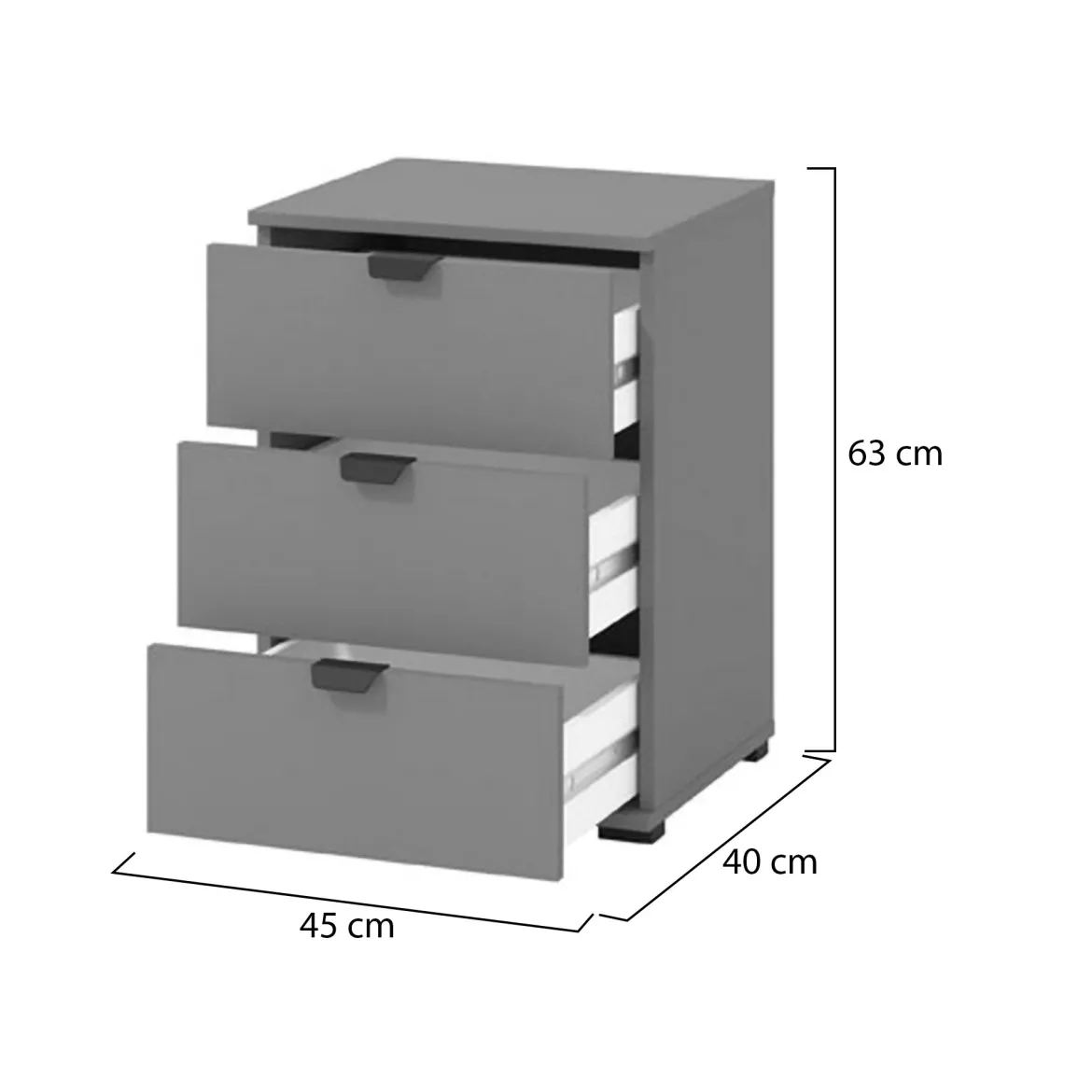 Comodino Nero Antracite Nero 3 Cassetti un Ripiano 45x40x63h cm, Apertura Scorrevole - Talana
